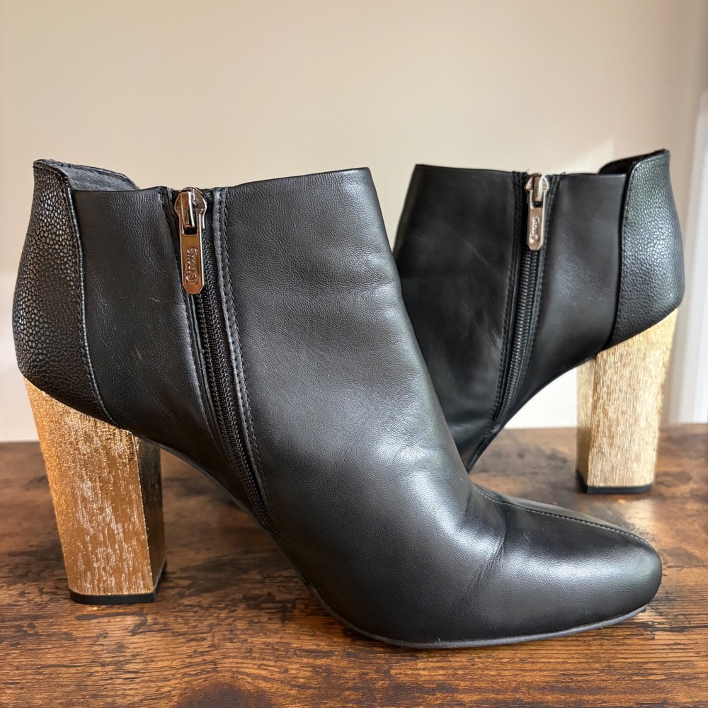 Circus by Sam Edelman Bond Black Leather Gold Block Heel Ankle Boots 8.5M